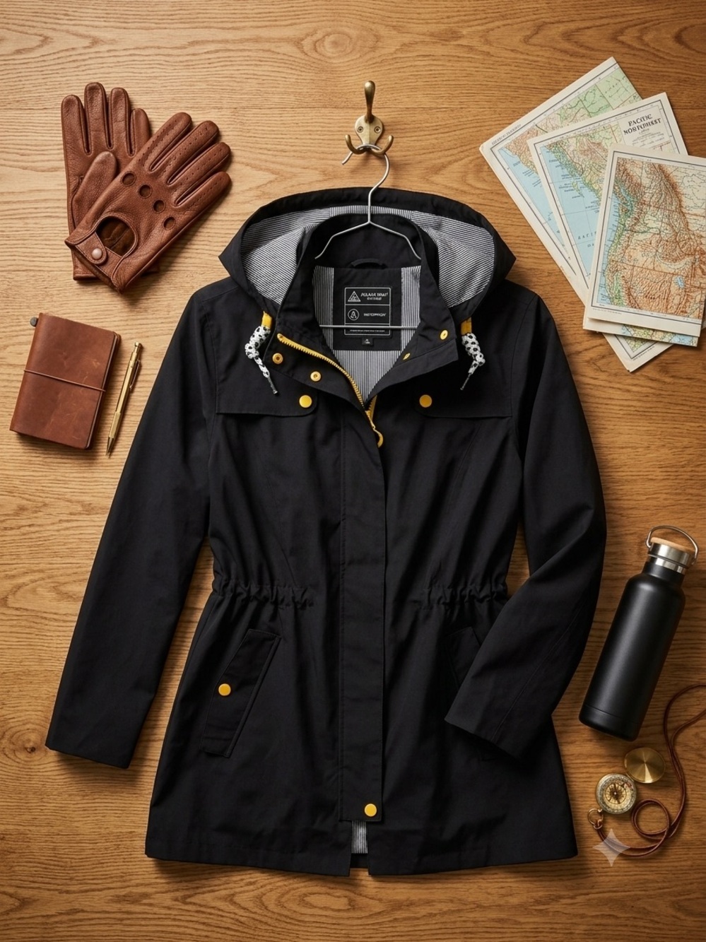 Women’s Black Center-Zip Hooded Jacket with Yellow Accents